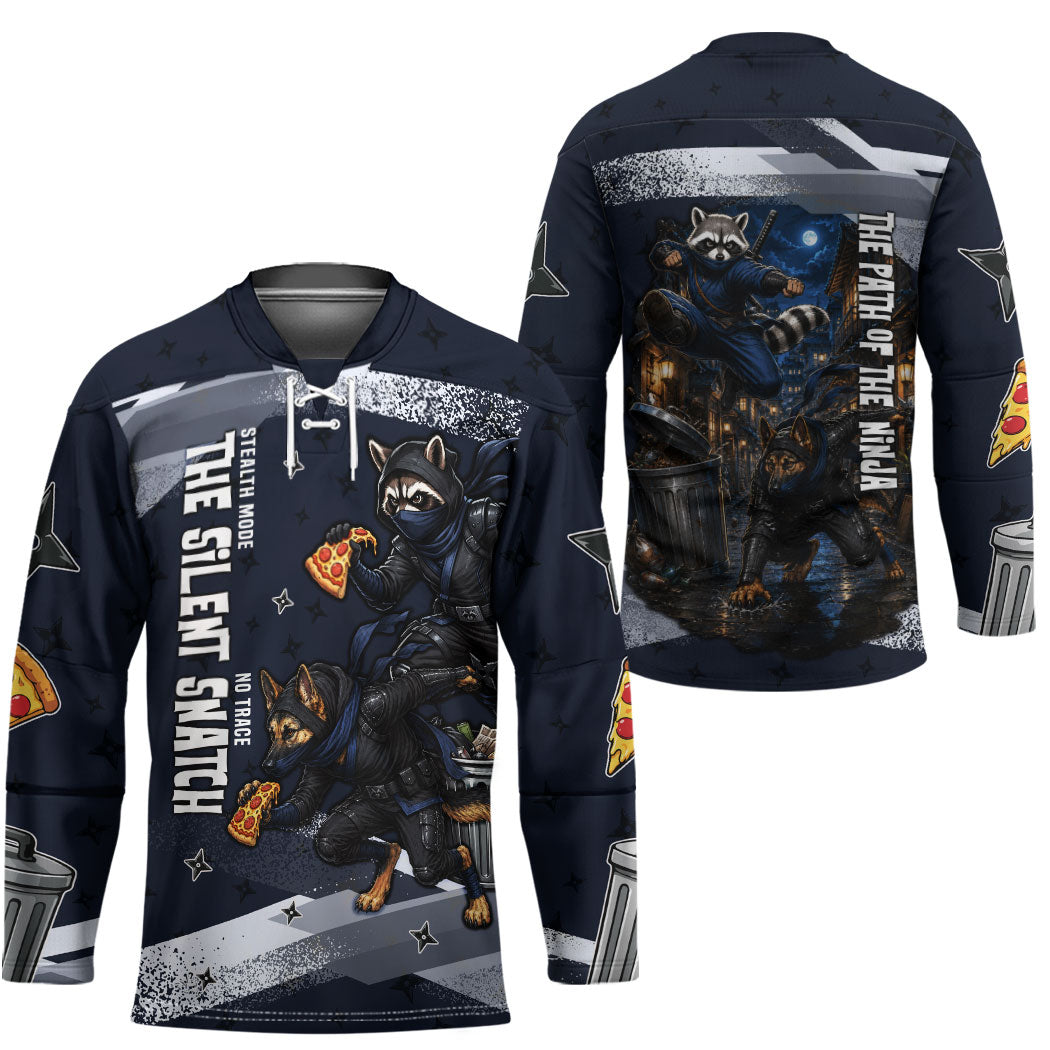 Ninja Raccoon Quasimodo Pizza Heist Hockey Jersey Night Stealth Scene Detailed Pizza Slices