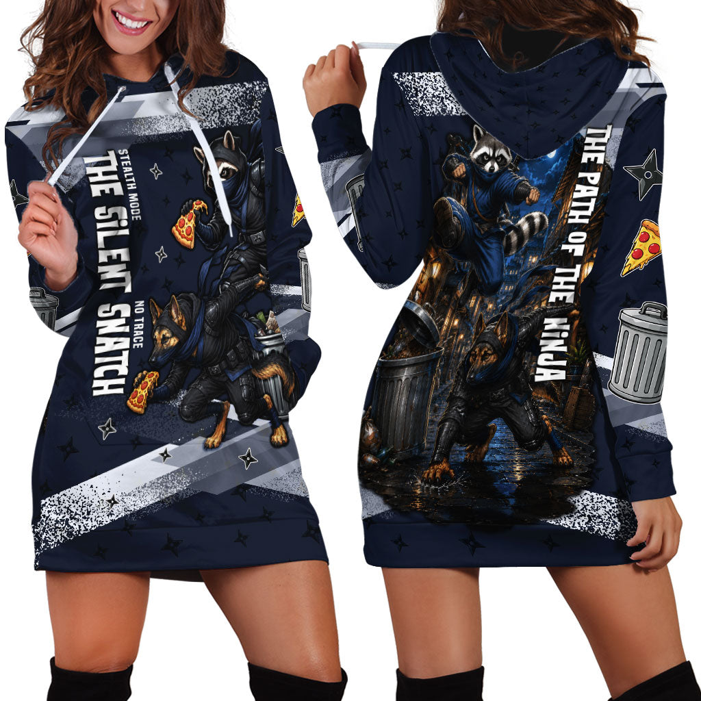 Ninja Raccoon Quasimodo Pizza Heist Hoodie Dress Night Stealth Scene Detailed Pizza Slices