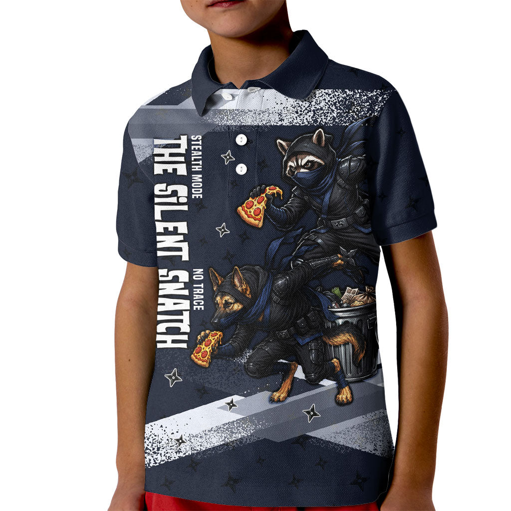 Ninja Raccoon Quasimodo Pizza Heist Kid Polo Shirt Night Stealth Scene Detailed Pizza Slices