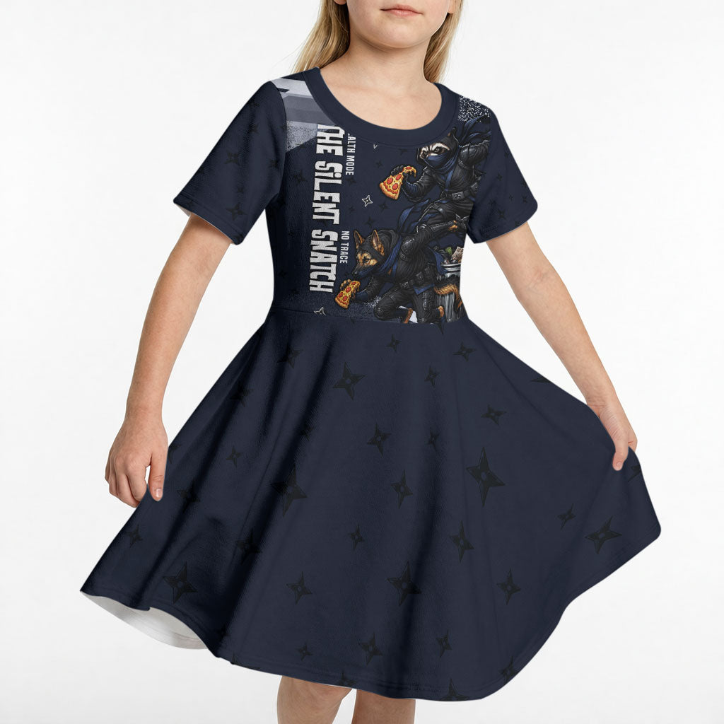 Ninja Raccoon Quasimodo Pizza Heist Kid Short Sleeve Dress Night Stealth Scene Detailed Pizza Slices
