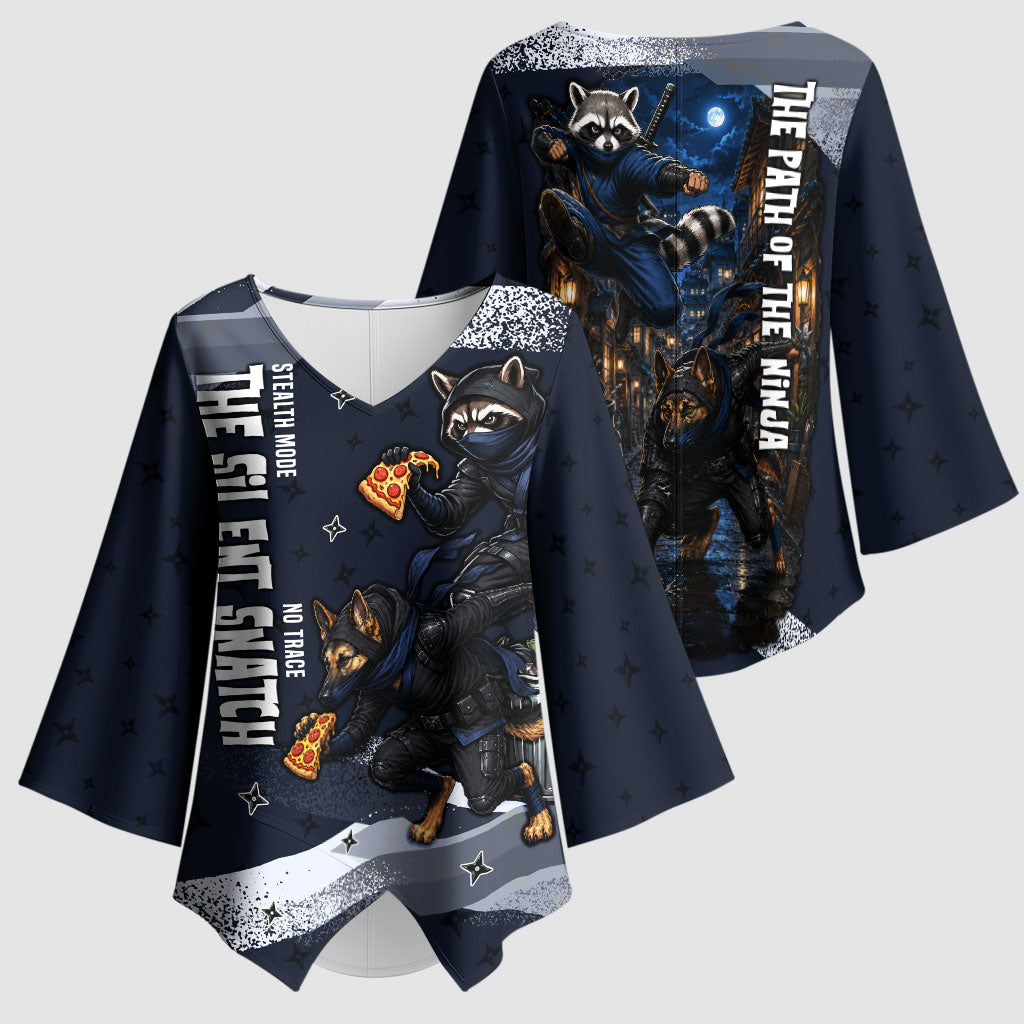 Ninja Raccoon Quasimodo Pizza Heist Kimono Sleeve Blouse Night Stealth Scene Detailed Pizza Slices