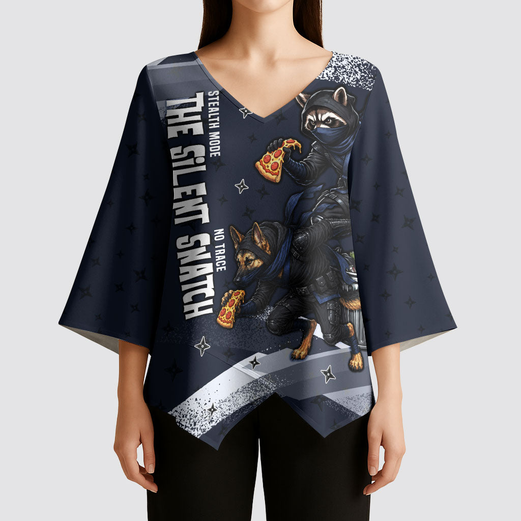 Ninja Raccoon Quasimodo Pizza Heist Kimono Sleeve Blouse Night Stealth Scene Detailed Pizza Slices