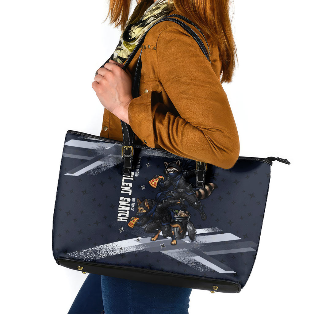 Ninja Raccoon Quasimodo Pizza Heist Leather Tote Bag Night Stealth Scene Detailed Pizza Slices