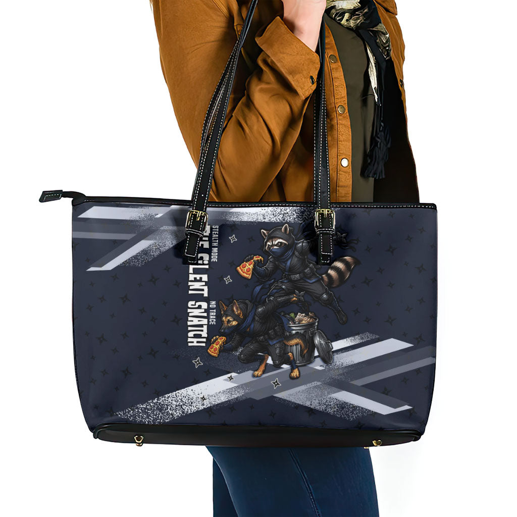 Ninja Raccoon Quasimodo Pizza Heist Leather Tote Bag Night Stealth Scene Detailed Pizza Slices