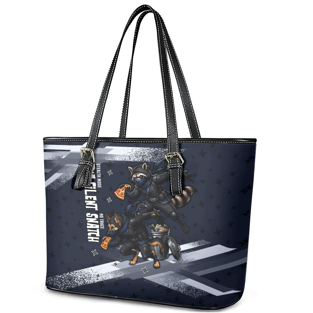 Ninja Raccoon Quasimodo Pizza Heist Leather Tote Bag Night Stealth Scene Detailed Pizza Slices
