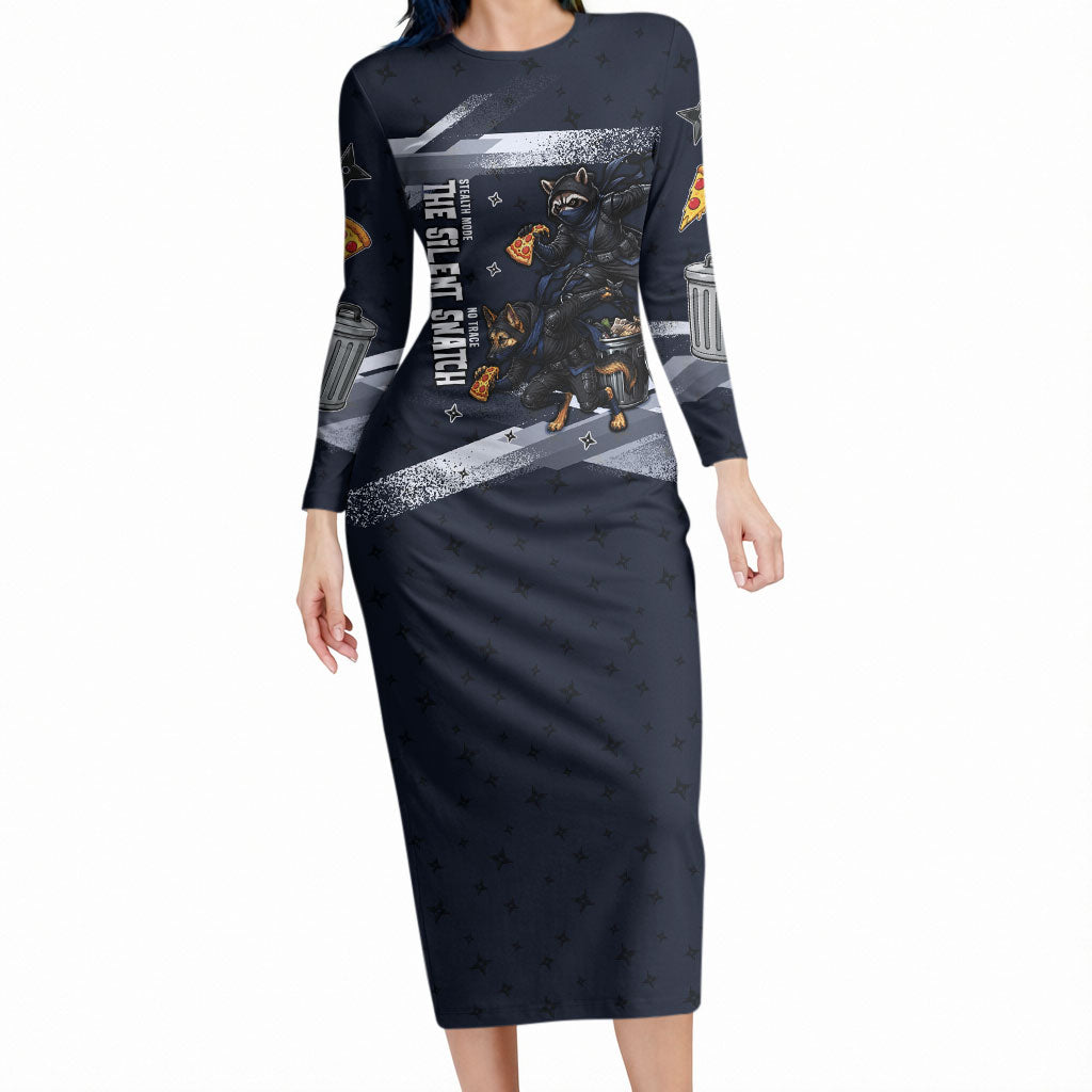 Ninja Raccoon Quasimodo Pizza Heist Long Sleeve Bodycon Dress Night Stealth Scene Detailed Pizza Slices