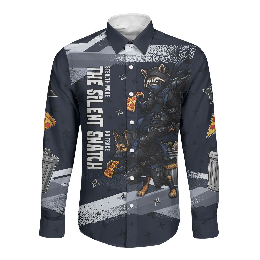 Ninja Raccoon Quasimodo Pizza Heist Long Sleeve Button Shirt Night Stealth Scene Detailed Pizza Slices