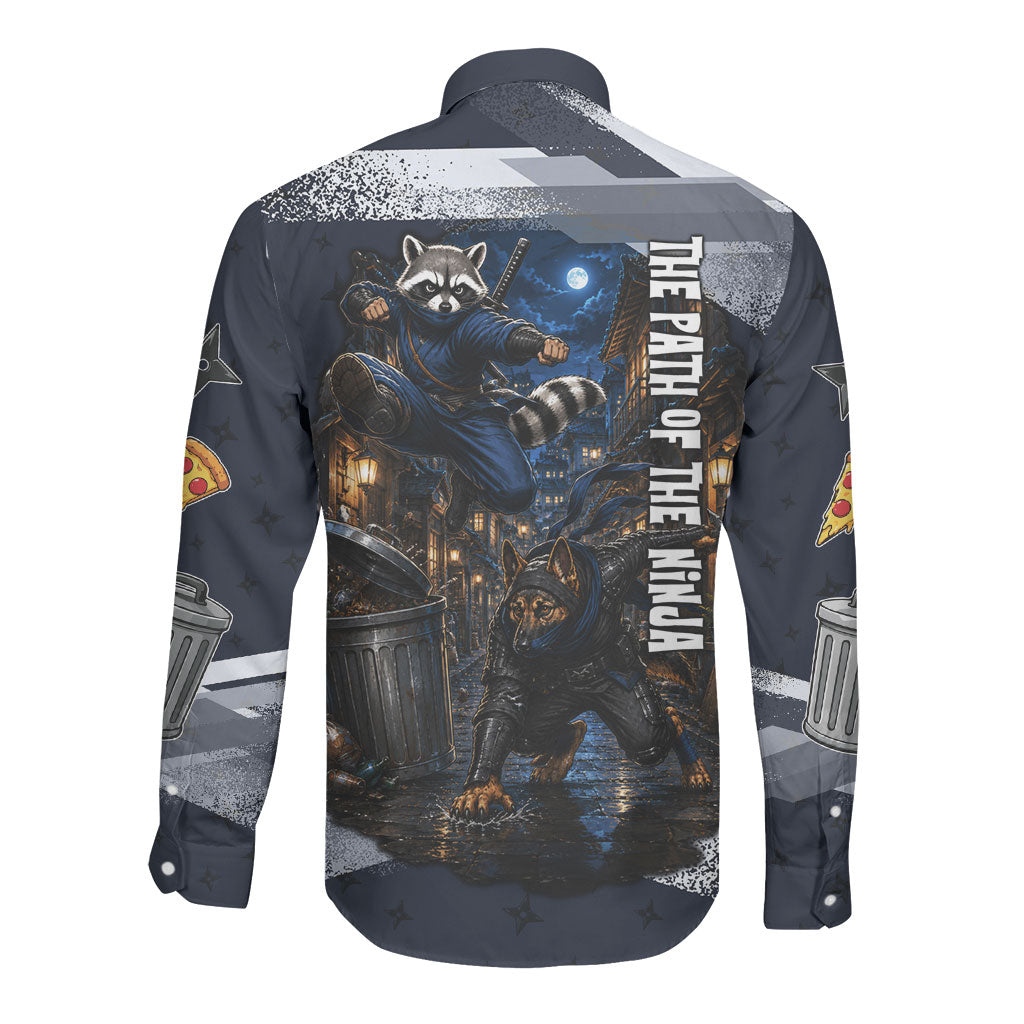 Ninja Raccoon Quasimodo Pizza Heist Long Sleeve Button Shirt Night Stealth Scene Detailed Pizza Slices