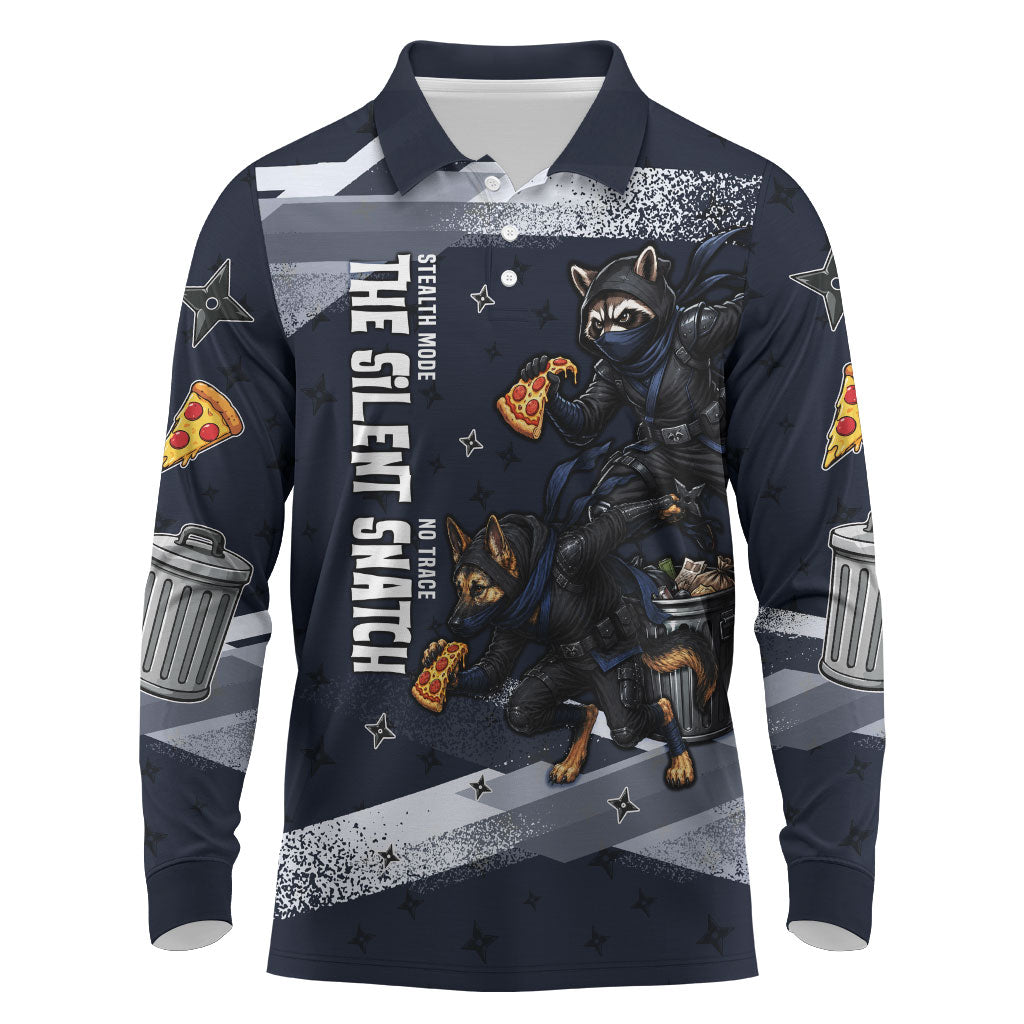 Ninja Raccoon Quasimodo Pizza Heist Long Sleeve Polo Shirt Night Stealth Scene Detailed Pizza Slices