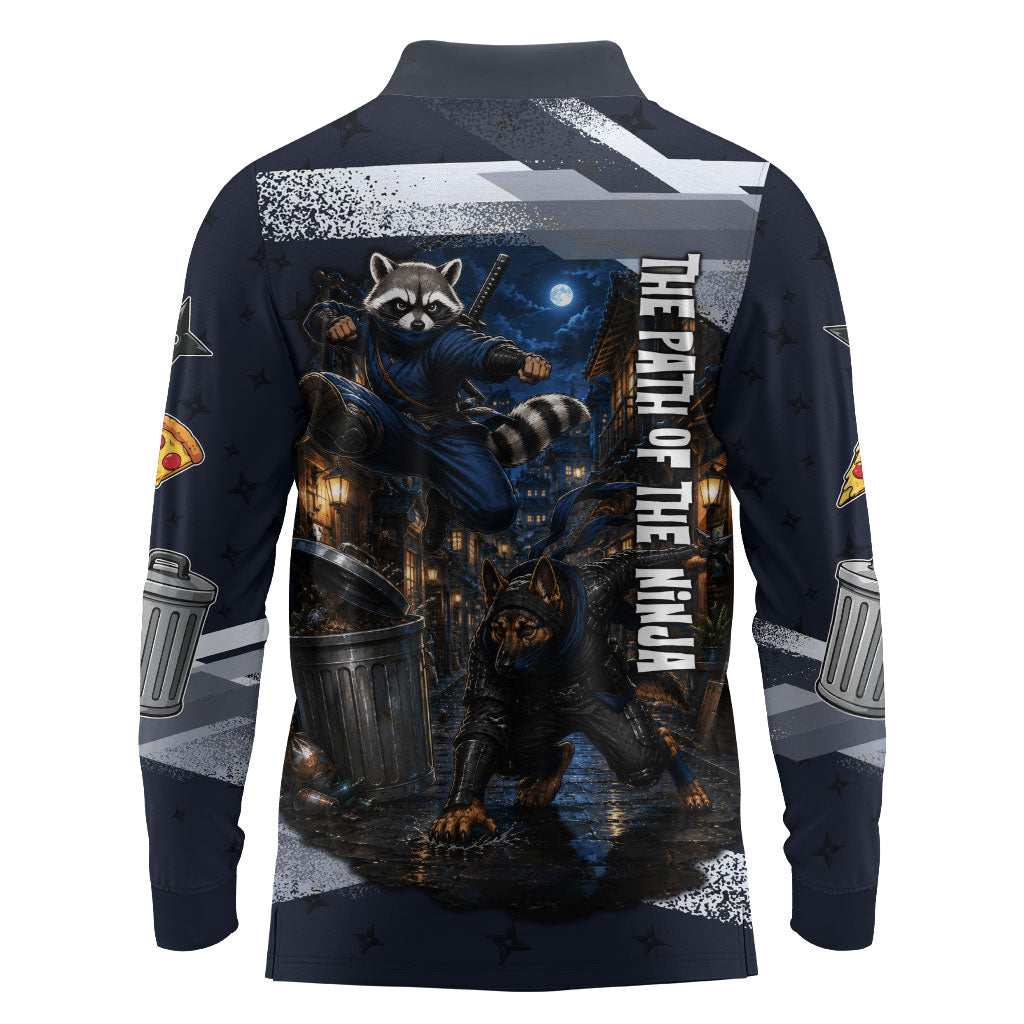 Ninja Raccoon Quasimodo Pizza Heist Long Sleeve Polo Shirt Night Stealth Scene Detailed Pizza Slices