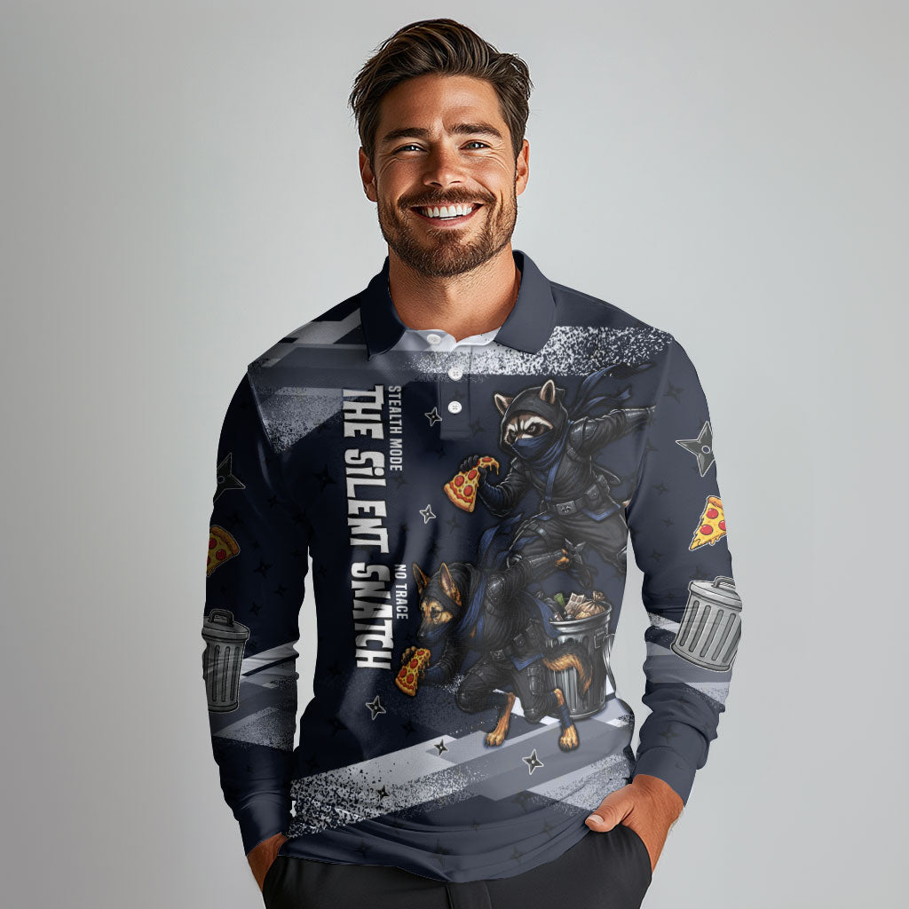 Ninja Raccoon Quasimodo Pizza Heist Long Sleeve Polo Shirt Night Stealth Scene Detailed Pizza Slices