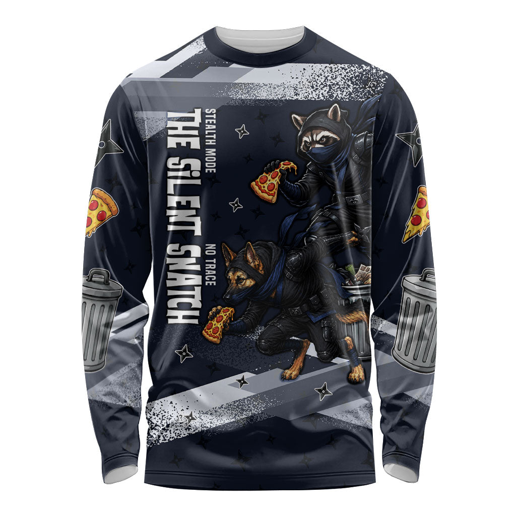 Ninja Raccoon Quasimodo Pizza Heist Long Sleeve Shirt Night Stealth Scene Detailed Pizza Slices