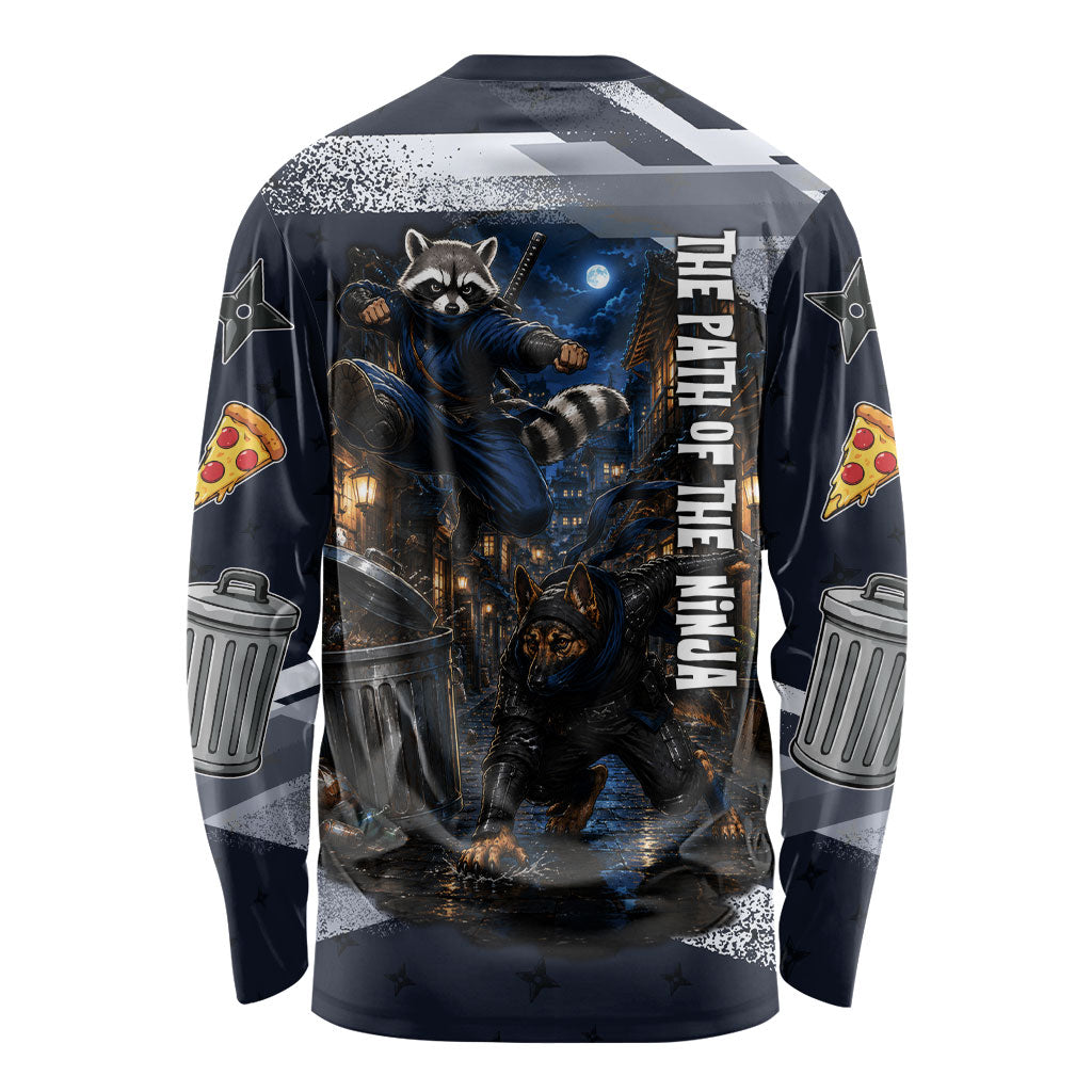 Ninja Raccoon Quasimodo Pizza Heist Long Sleeve Shirt Night Stealth Scene Detailed Pizza Slices