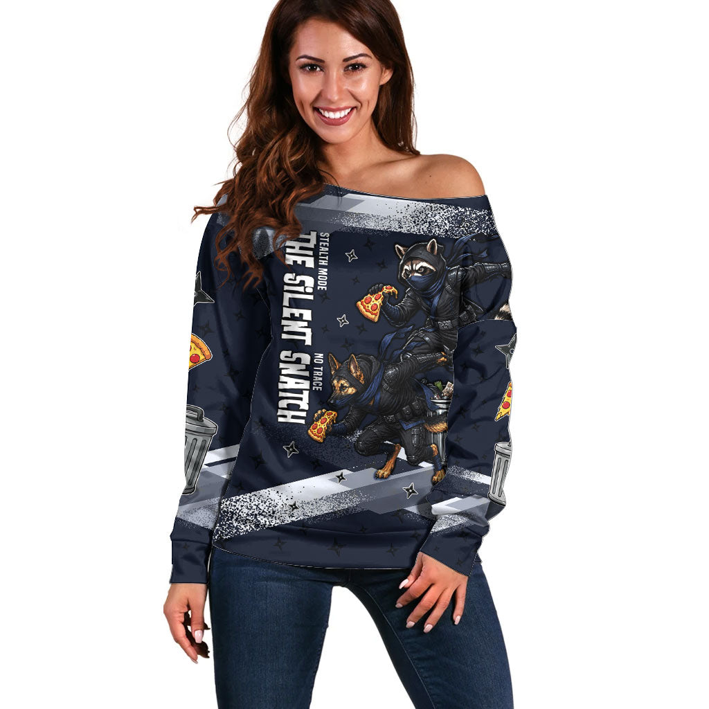 Ninja Raccoon Quasimodo Pizza Heist Off Shoulder Sweater Night Stealth Scene Detailed Pizza Slices