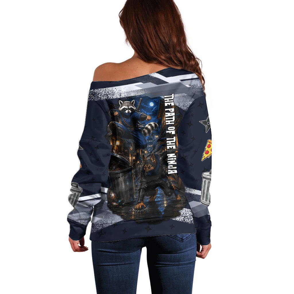 Ninja Raccoon Quasimodo Pizza Heist Off Shoulder Sweater Night Stealth Scene Detailed Pizza Slices
