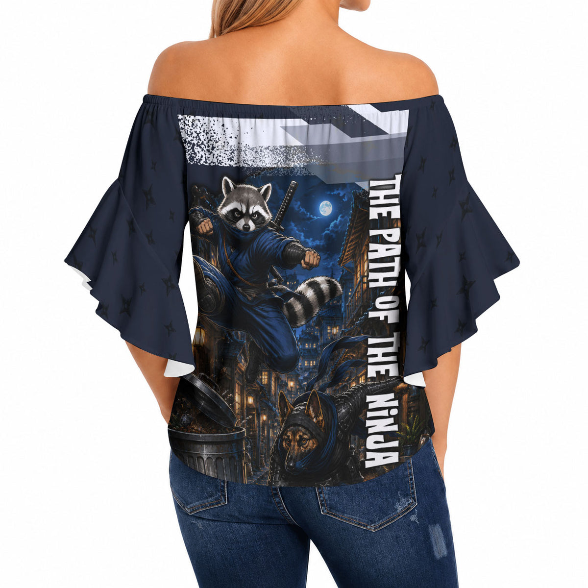 Ninja Raccoon Quasimodo Pizza Heist Off Shoulder Wrap Waist Top Night Stealth Scene Detailed Pizza Slices