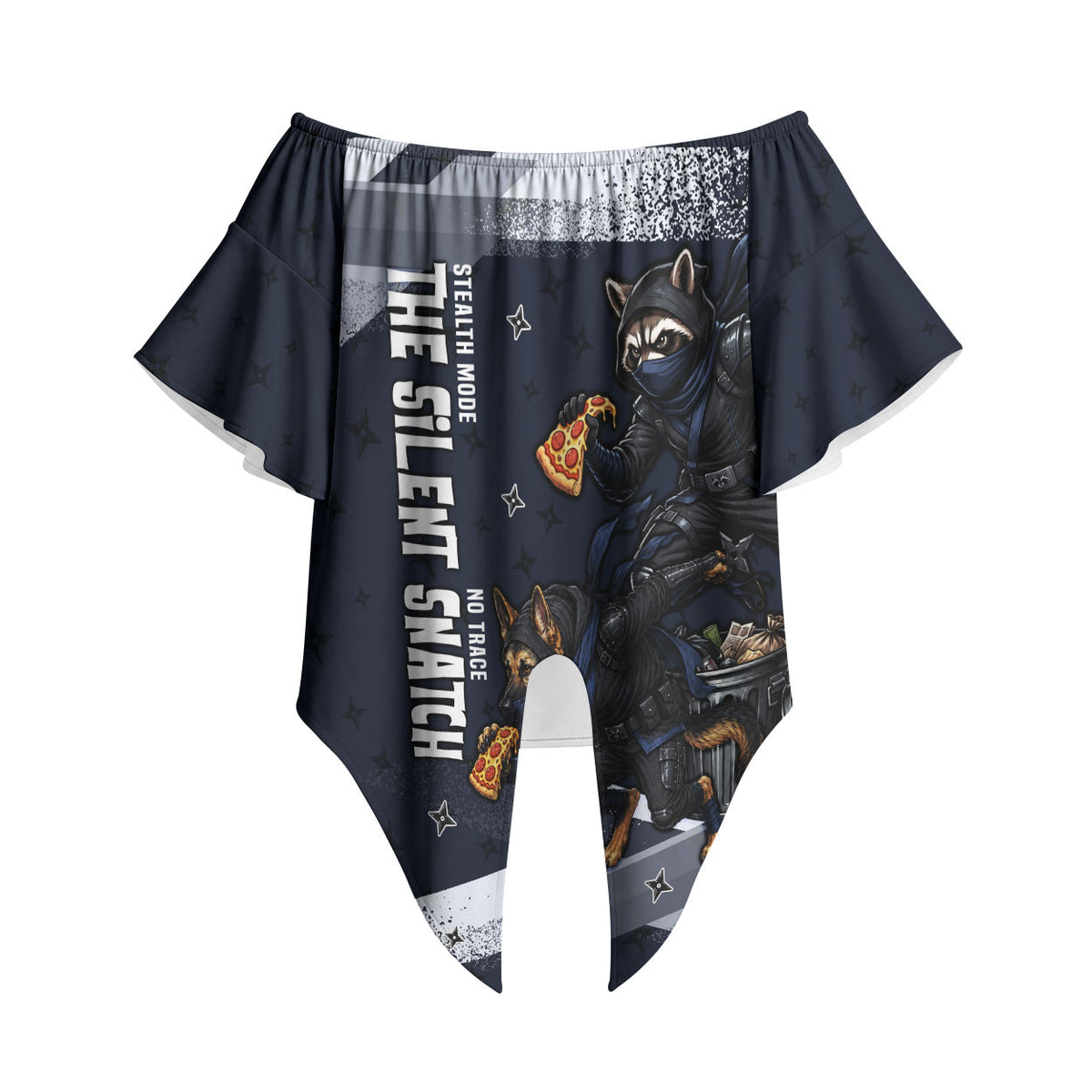 Ninja Raccoon Quasimodo Pizza Heist Off Shoulder Wrap Waist Top Night Stealth Scene Detailed Pizza Slices
