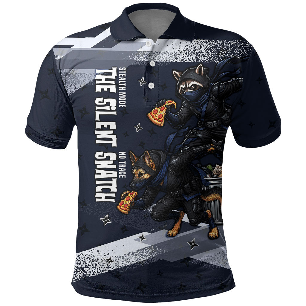 Ninja Raccoon Quasimodo Pizza Heist Polo Shirt Night Stealth Scene Detailed Pizza Slices