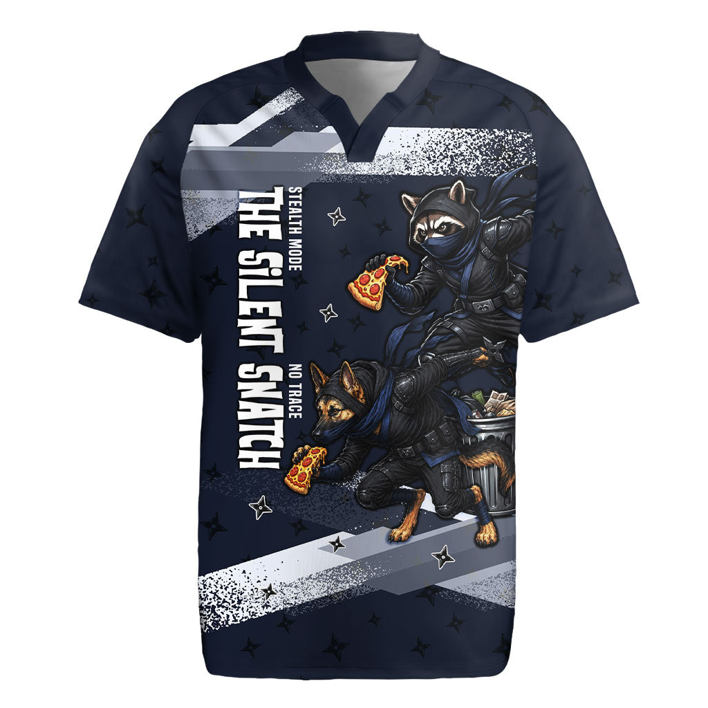 Ninja Raccoon Quasimodo Pizza Heist Rugby Jersey Night Stealth Scene Detailed Pizza Slices
