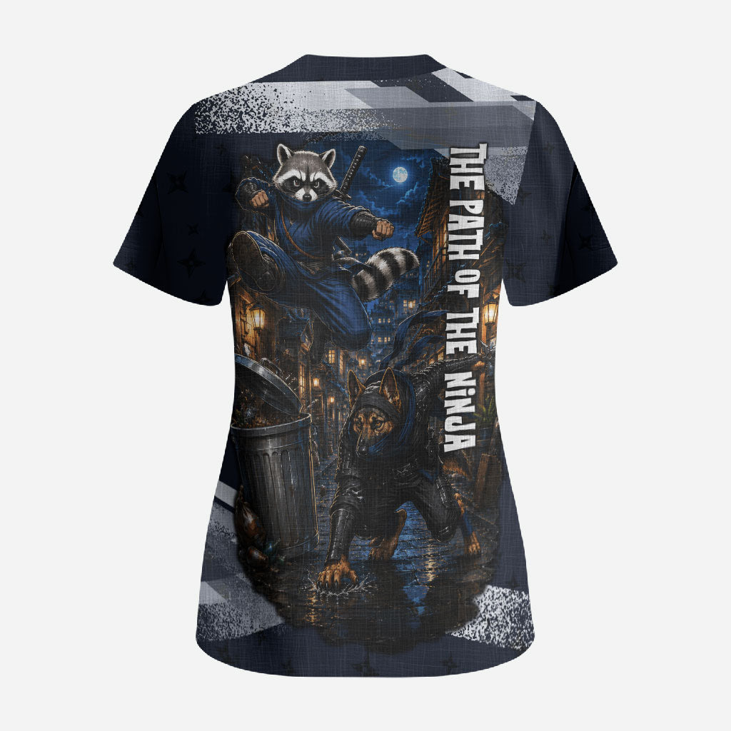 Ninja Raccoon Quasimodo Pizza Heist Scrub Top Night Stealth Scene Detailed Pizza Slices