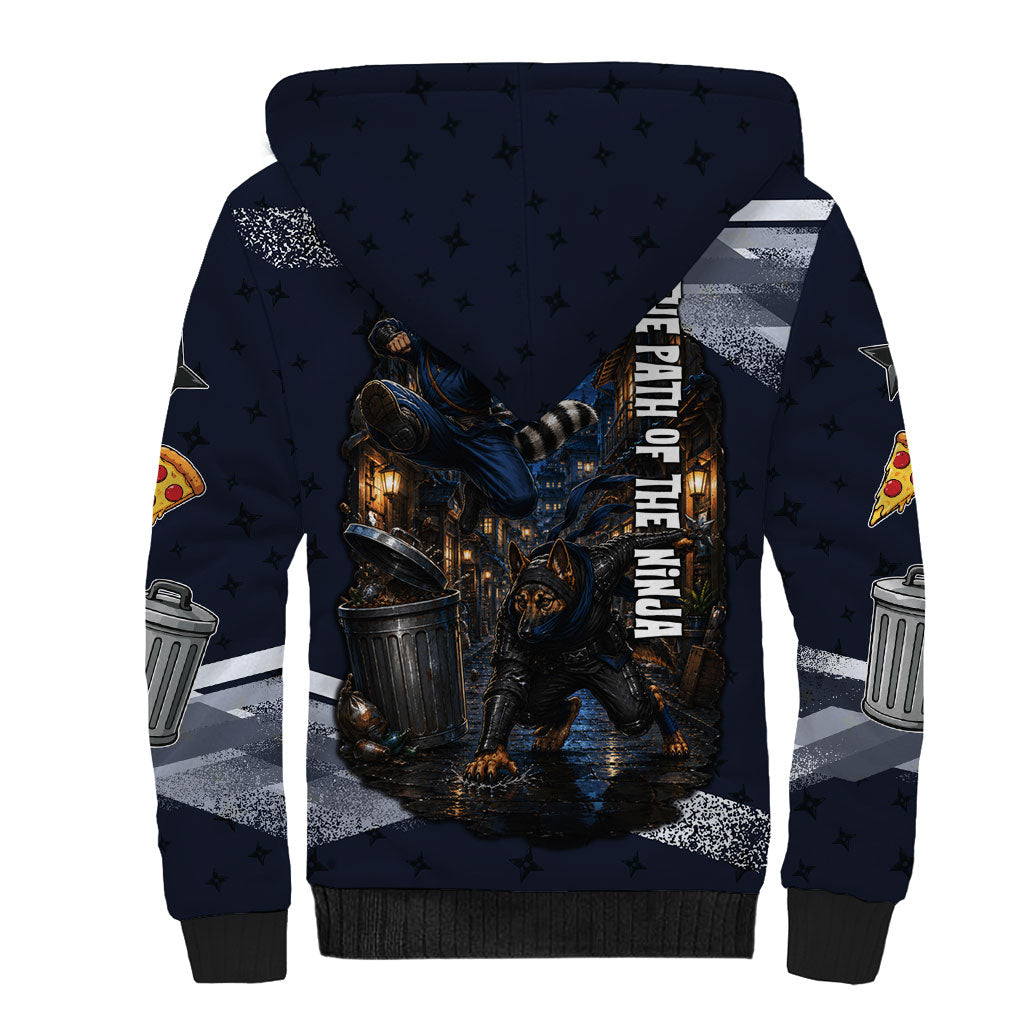 Ninja Raccoon Quasimodo Pizza Heist Sherpa Hoodie Night Stealth Scene Detailed Pizza Slices