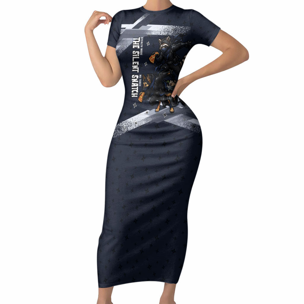 Ninja Raccoon Quasimodo Pizza Heist Short Sleeve Bodycon Dress Night Stealth Scene Detailed Pizza Slices