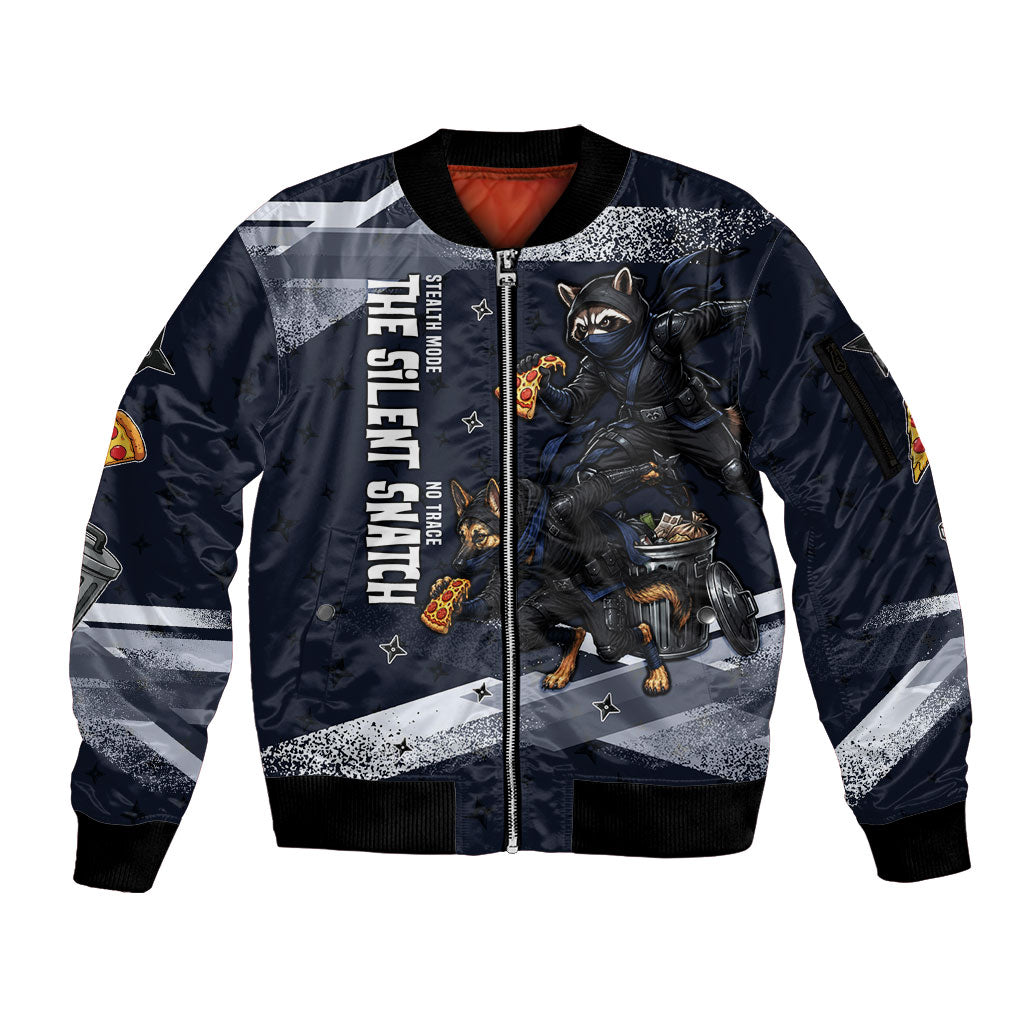 Ninja Raccoon Quasimodo Pizza Heist Sleeve Zip Bomber Jacket Night Stealth Scene Detailed Pizza Slices