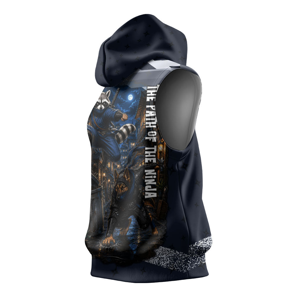 Ninja Raccoon Quasimodo Pizza Heist Sleeveless Hoodie Night Stealth Scene Detailed Pizza Slices