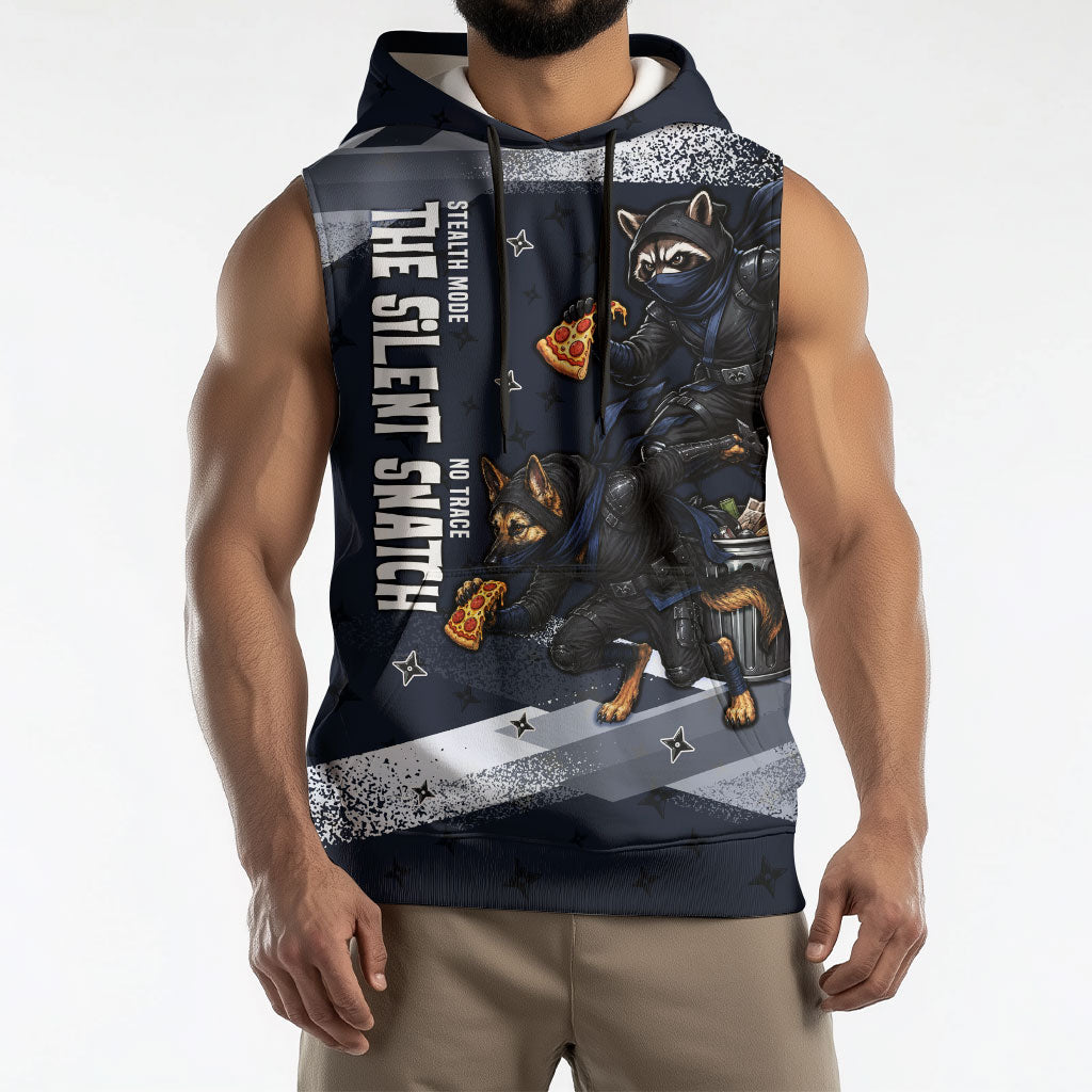 Ninja Raccoon Quasimodo Pizza Heist Sleeveless Hoodie Night Stealth Scene Detailed Pizza Slices