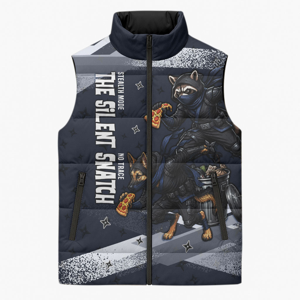 Ninja Raccoon Quasimodo Pizza Heist Sleeveless Puffer Jacket Night Stealth Scene Detailed Pizza Slices