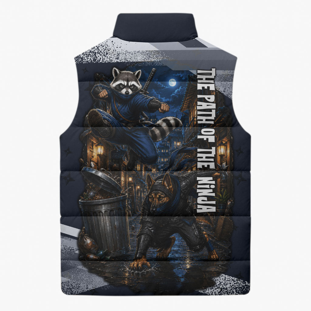 Ninja Raccoon Quasimodo Pizza Heist Sleeveless Puffer Jacket Night Stealth Scene Detailed Pizza Slices