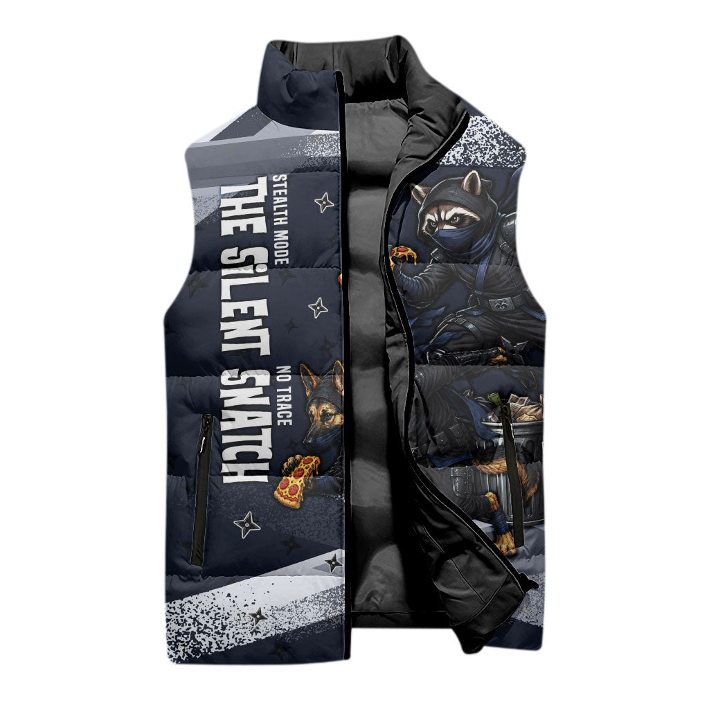 Ninja Raccoon Quasimodo Pizza Heist Sleeveless Puffer Jacket Night Stealth Scene Detailed Pizza Slices
