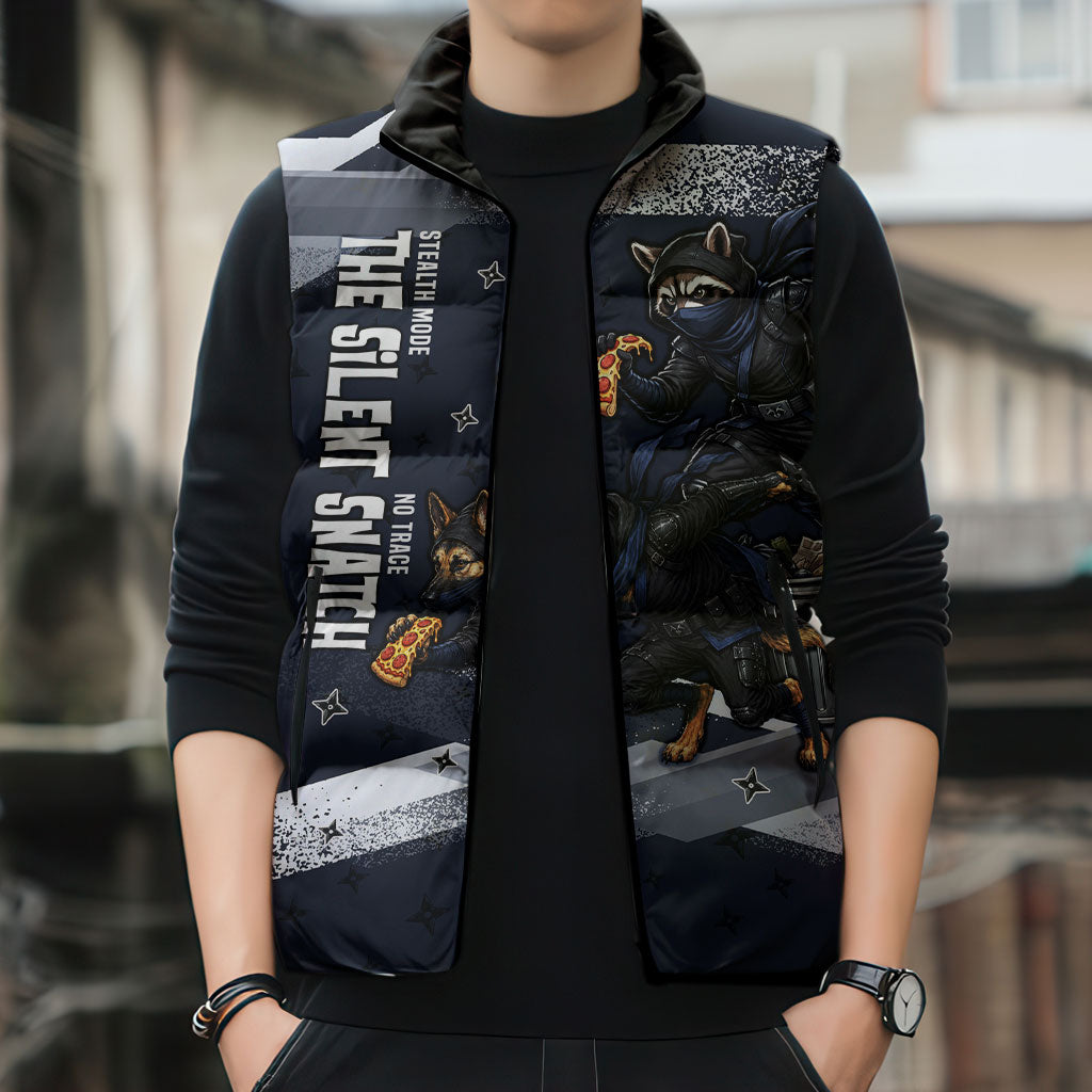 Ninja Raccoon Quasimodo Pizza Heist Sleeveless Puffer Jacket Night Stealth Scene Detailed Pizza Slices