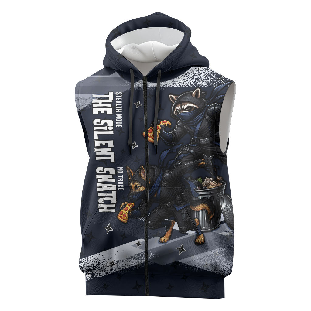 Ninja Raccoon Quasimodo Pizza Heist Sleeveless Zip Hoodie Night Stealth Scene Detailed Pizza Slices