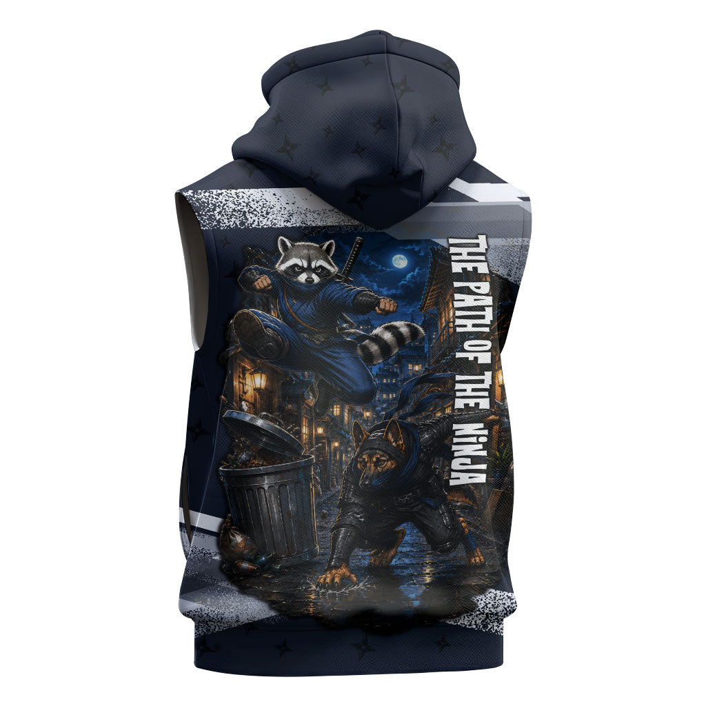 Ninja Raccoon Quasimodo Pizza Heist Sleeveless Zip Hoodie Night Stealth Scene Detailed Pizza Slices
