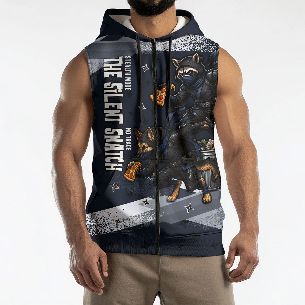 Ninja Raccoon Quasimodo Pizza Heist Sleeveless Zip Hoodie Night Stealth Scene Detailed Pizza Slices