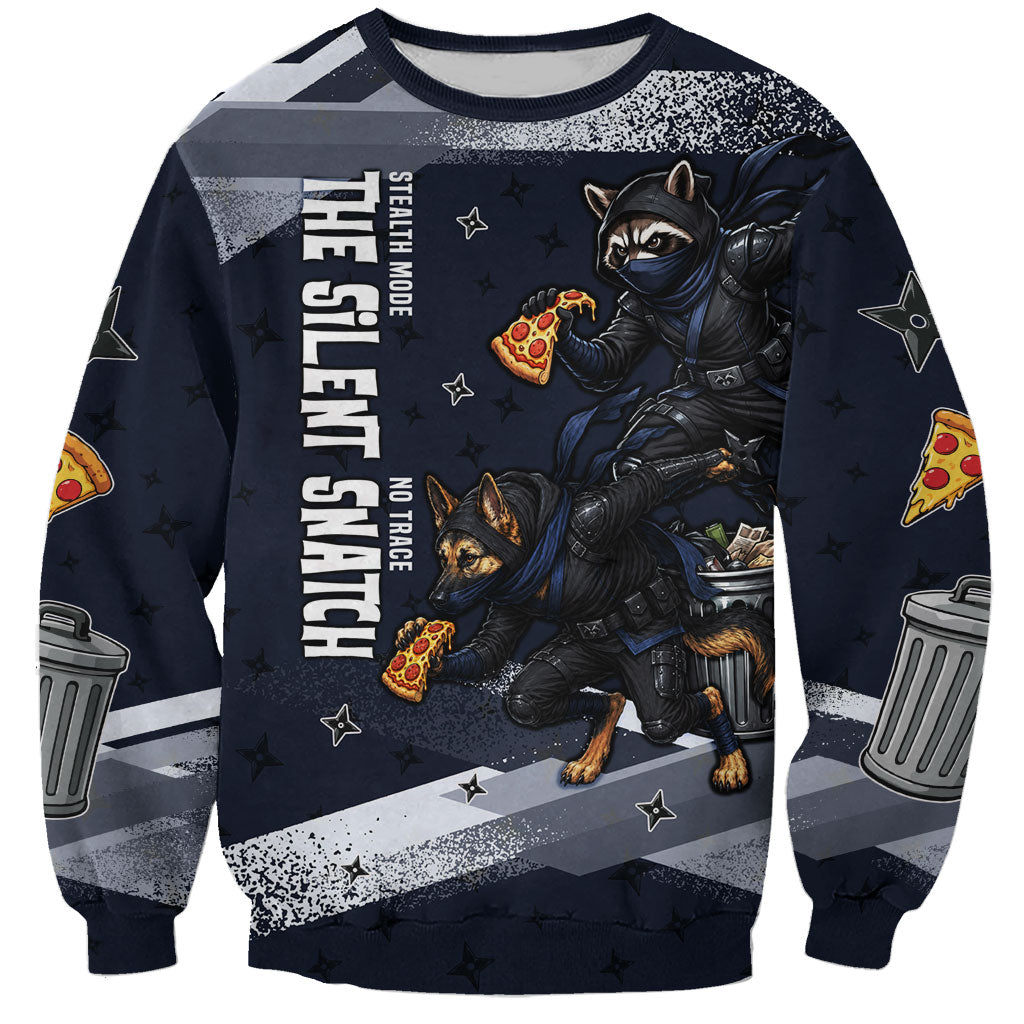 Ninja Raccoon Quasimodo Pizza Heist Sweatshirt Night Stealth Scene Detailed Pizza Slices