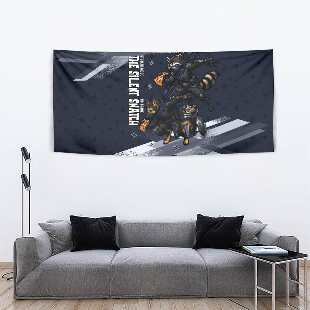 Ninja Raccoon Quasimodo Pizza Heist Tapestry Night Stealth Scene Detailed Pizza Slices