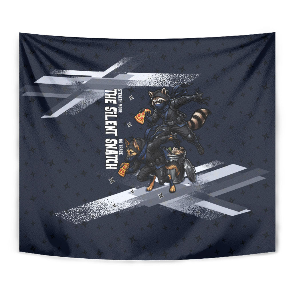 Ninja Raccoon Quasimodo Pizza Heist Tapestry Night Stealth Scene Detailed Pizza Slices