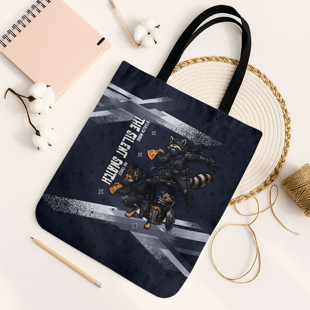 Ninja Raccoon Quasimodo Pizza Heist Tote Bag Night Stealth Scene Detailed Pizza Slices