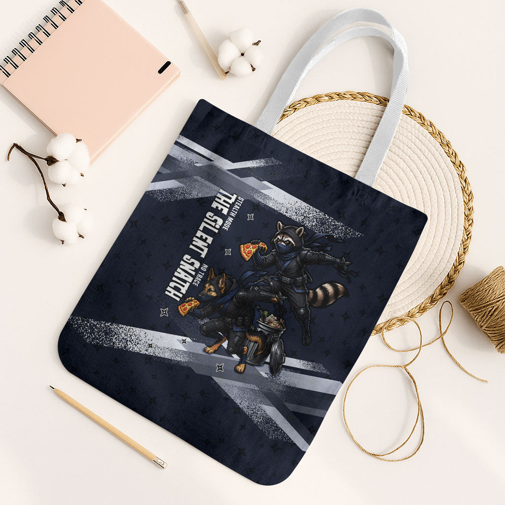 Ninja Raccoon Quasimodo Pizza Heist Tote Bag Night Stealth Scene Detailed Pizza Slices