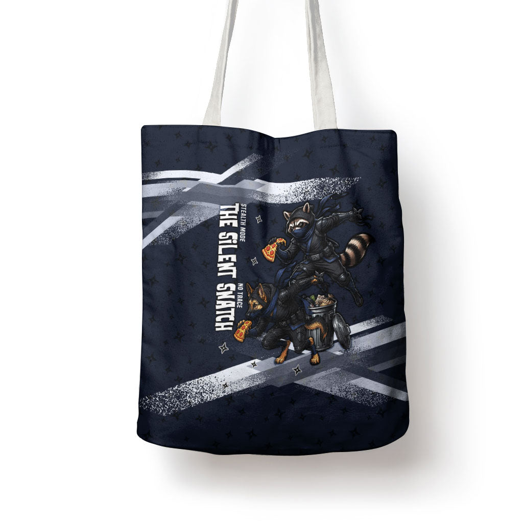 Ninja Raccoon Quasimodo Pizza Heist Tote Bag Night Stealth Scene Detailed Pizza Slices