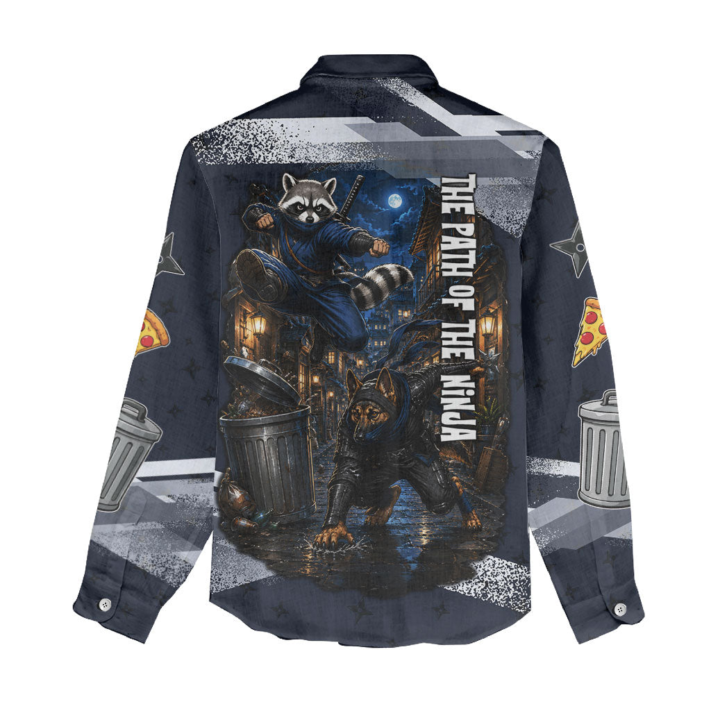 Ninja Raccoon Quasimodo Pizza Heist Women Casual Shirt Night Stealth Scene Detailed Pizza Slices
