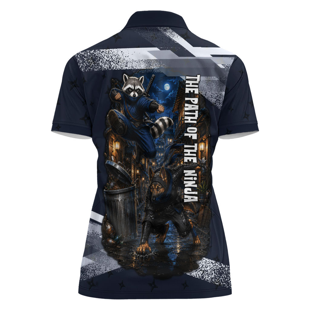 Ninja Raccoon Quasimodo Pizza Heist Women Polo Shirt Night Stealth Scene Detailed Pizza Slices