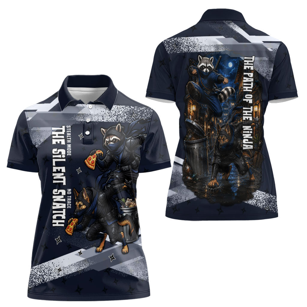 Ninja Raccoon Quasimodo Pizza Heist Women Polo Shirt Night Stealth Scene Detailed Pizza Slices