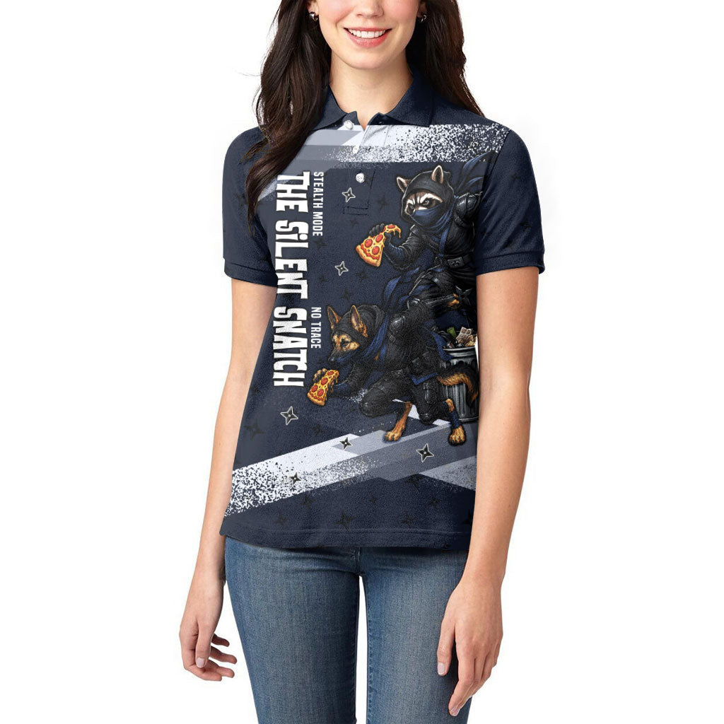 Ninja Raccoon Quasimodo Pizza Heist Women Polo Shirt Night Stealth Scene Detailed Pizza Slices
