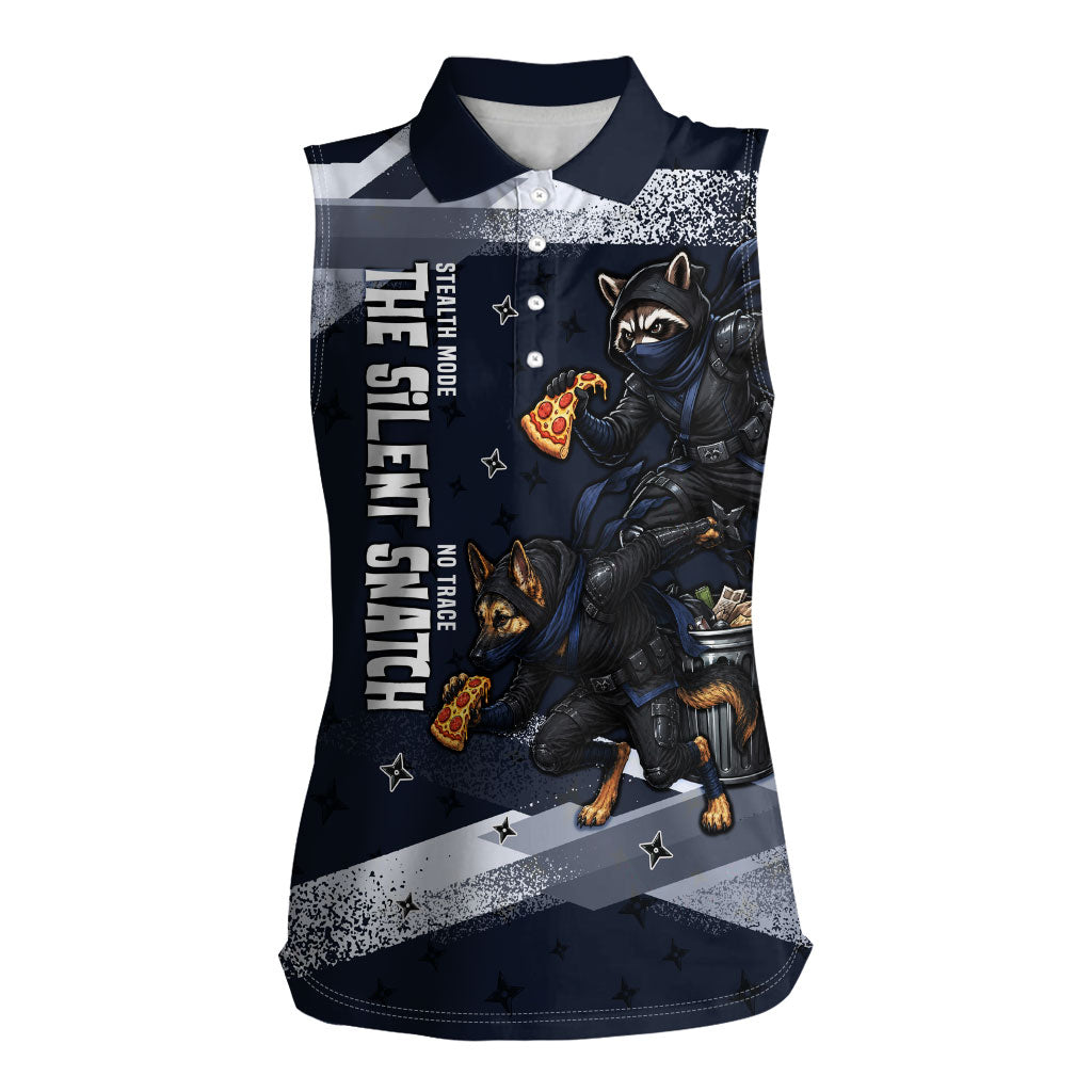 Ninja Raccoon Quasimodo Pizza Heist Women Sleeveless Polo Shirt Night Stealth Scene Detailed Pizza Slices