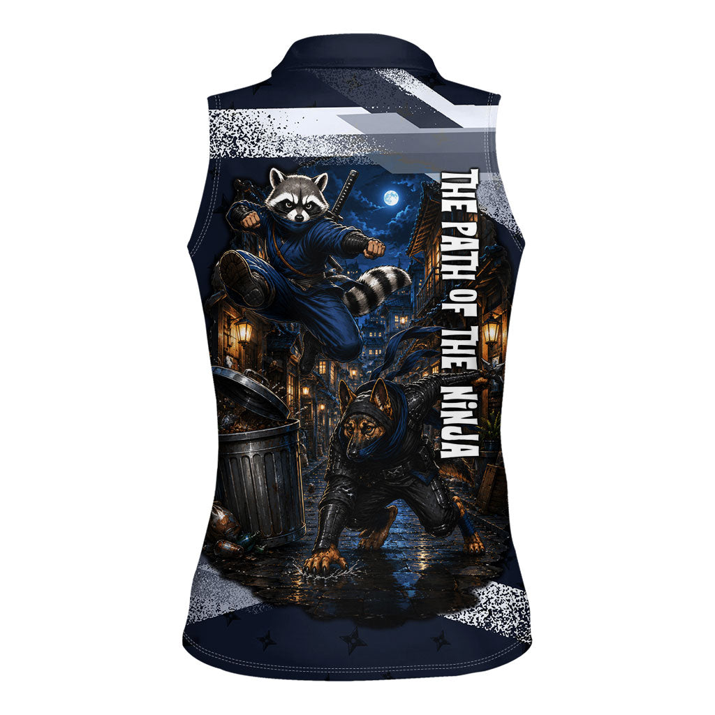 Ninja Raccoon Quasimodo Pizza Heist Women Sleeveless Polo Shirt Night Stealth Scene Detailed Pizza Slices