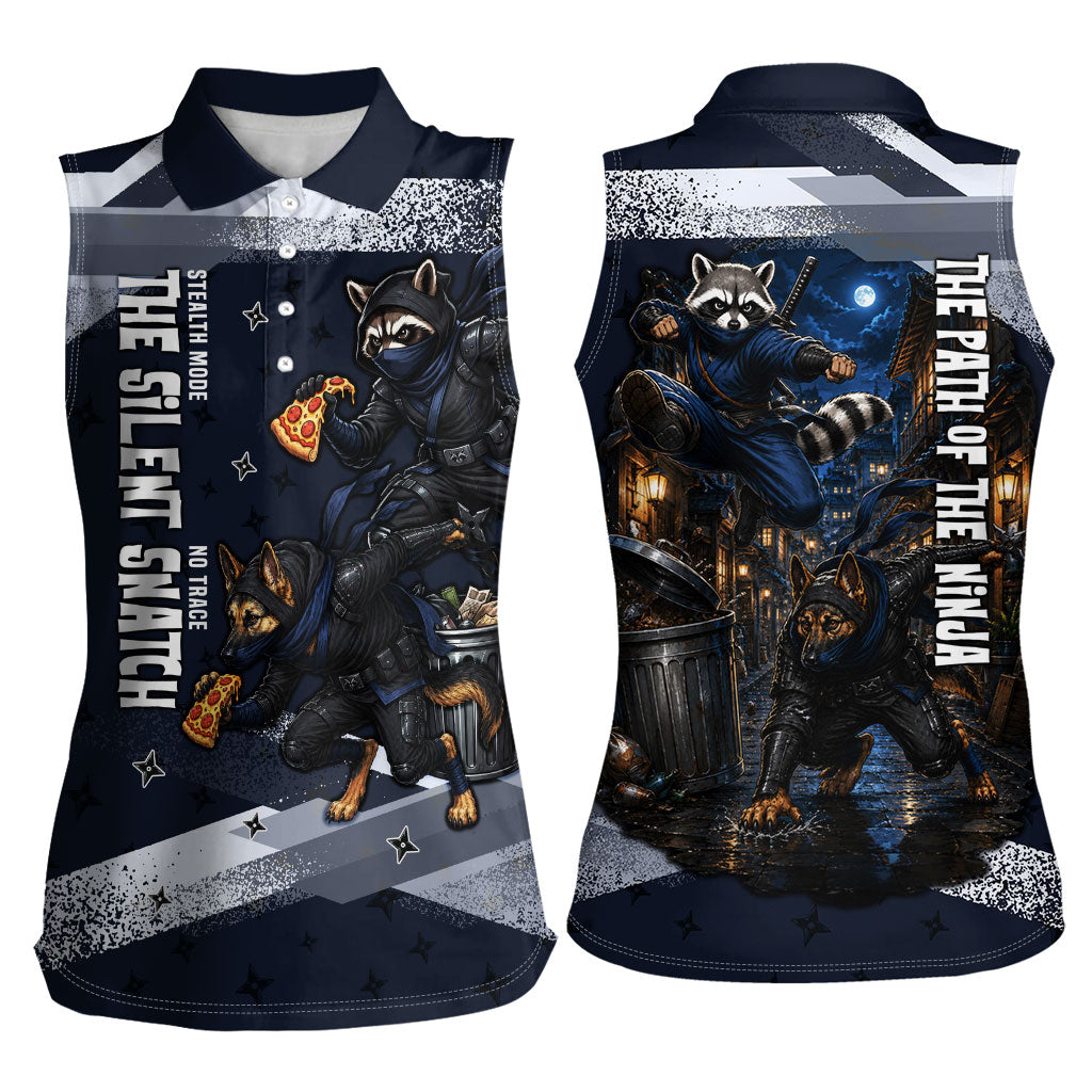 Ninja Raccoon Quasimodo Pizza Heist Women Sleeveless Polo Shirt Night Stealth Scene Detailed Pizza Slices