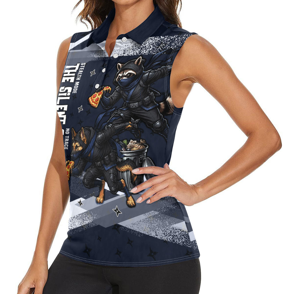 Ninja Raccoon Quasimodo Pizza Heist Women Sleeveless Polo Shirt Night Stealth Scene Detailed Pizza Slices